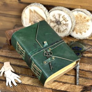 Vintage Green Leather Journal, Antique Brass Key Closure