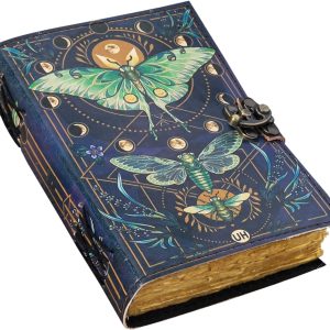 Blank Spell Book of Shadows Journal with Lock Clasp Vintage Handmade Leather Luna Moths and Morpho Butterfly Print